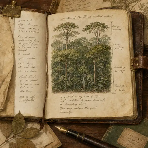 Open naturalist's journal with handwritten field notes and a tropical forest cross-section, evoking Norman Myers' 1988 paper that introduced the biodiversity hotspots concept.