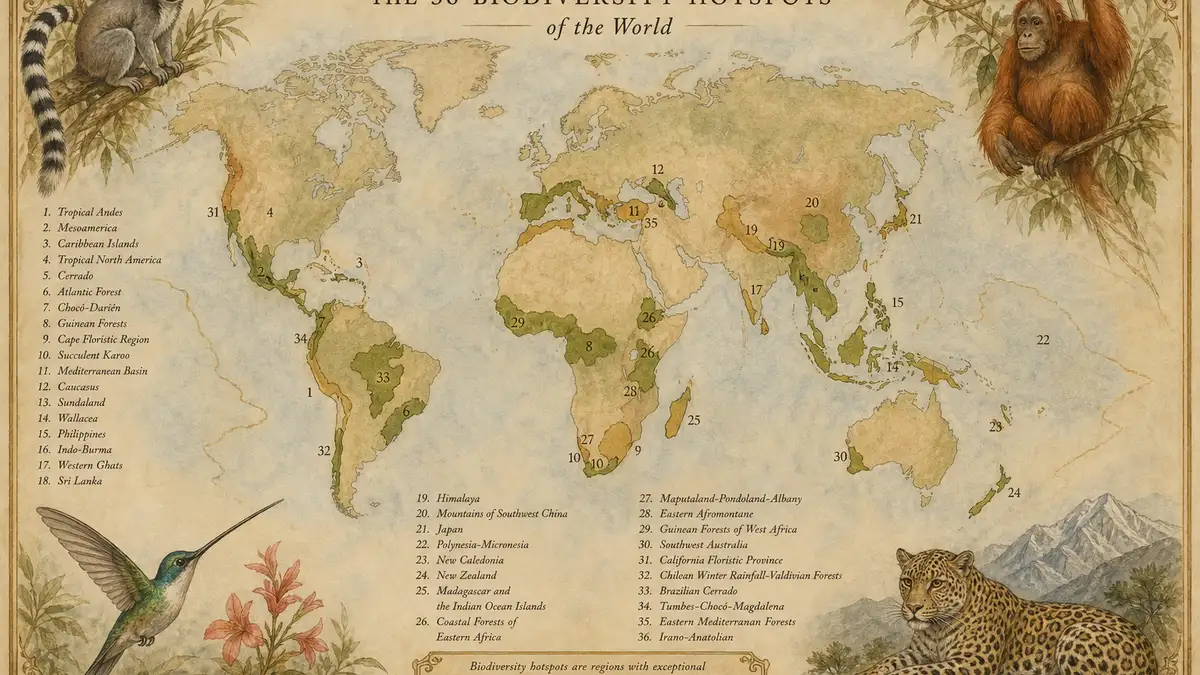 Stylised world map of the 36 biodiversity hotspots painted in Victorian watercolour, with vignette illustrations of endemic species like lemurs, orangutans, hummingbirds and Caucasian leopards.