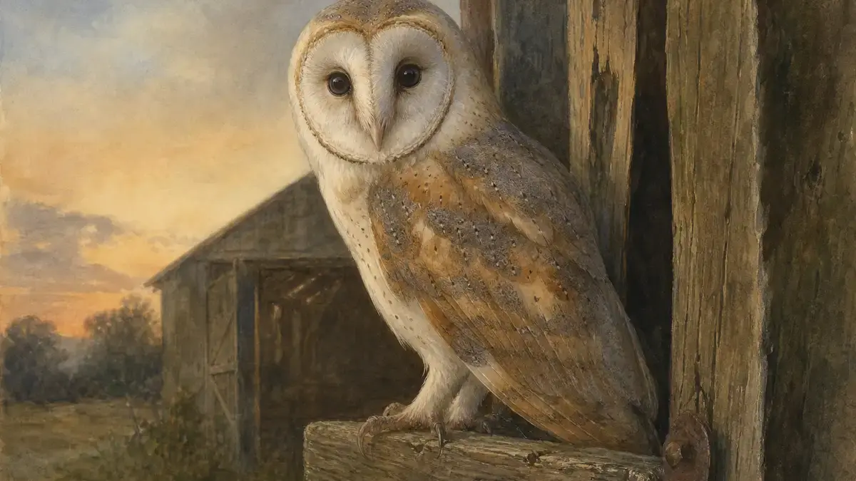 Watercolour portrait of a barn owl perched on the weathered timber of an open barn door at dusk — illustrating how an individual creature in a real place makes a species concrete in a way population graphs cannot.
