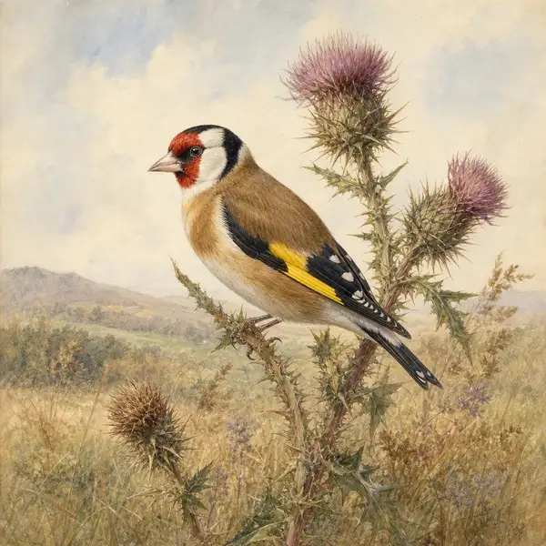 Watercolour study of a European goldfinch perched on a thistle stem — a portfolio-quality example of Pixcellence's Archibald Thorburn-inspired Victorian natural history watercolour signature style.