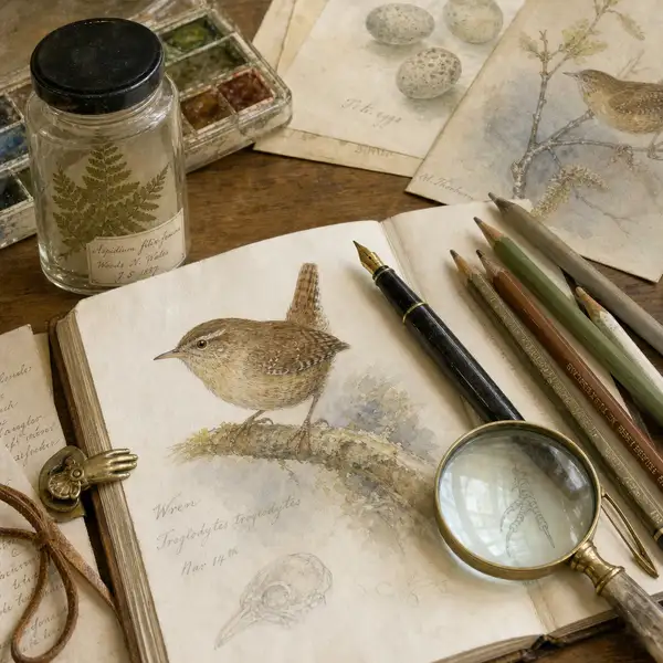 Watercolour study of a naturalist's working desk seen from above — open sketchbook with a wren study, fountain pen, specimen jar with pressed fern, coloured pencils, and a brass-trimmed pocket magnifier — illustrating the discipline of biodiversity image creation.