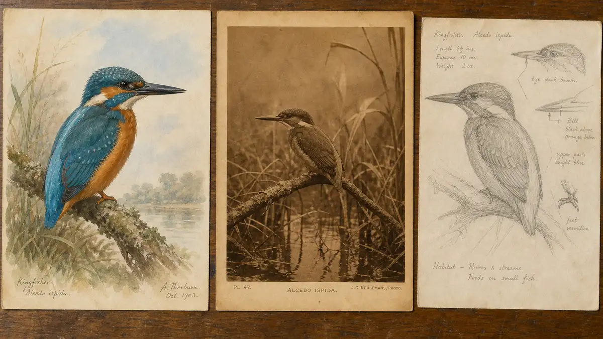 Watercolour composition showing three biodiversity image media side-by-side on a wooden table — a Thorburn-style kingfisher portrait, a vintage photographic plate, and a working pencil sketch — illustrating the editorial choice between hand illustration, photography, and AI generation.