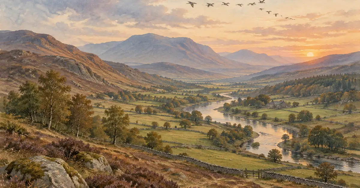 Watercolour of a British upland valley at sunset, with a winding river through patchwork fields, dry-stone walls, woodland and heather moorland