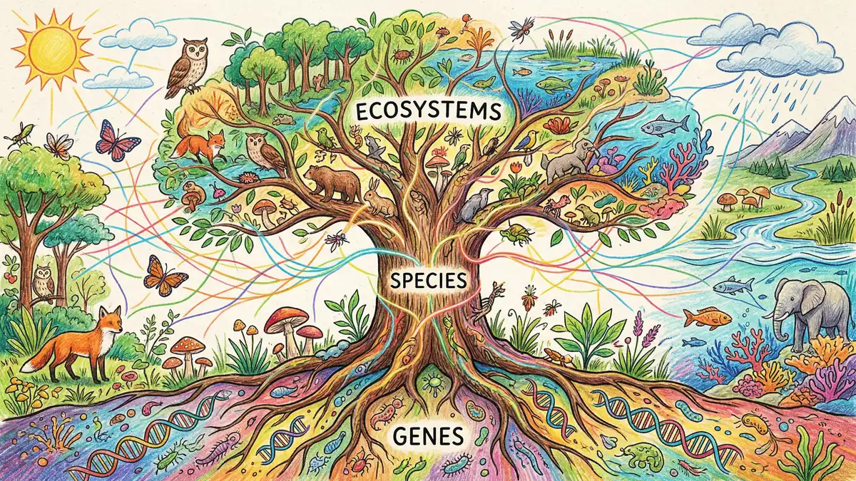 Interconnected web diagram showing relationships between genetic, species, and ecosystem diversity levels with arrows indicating cause and effect