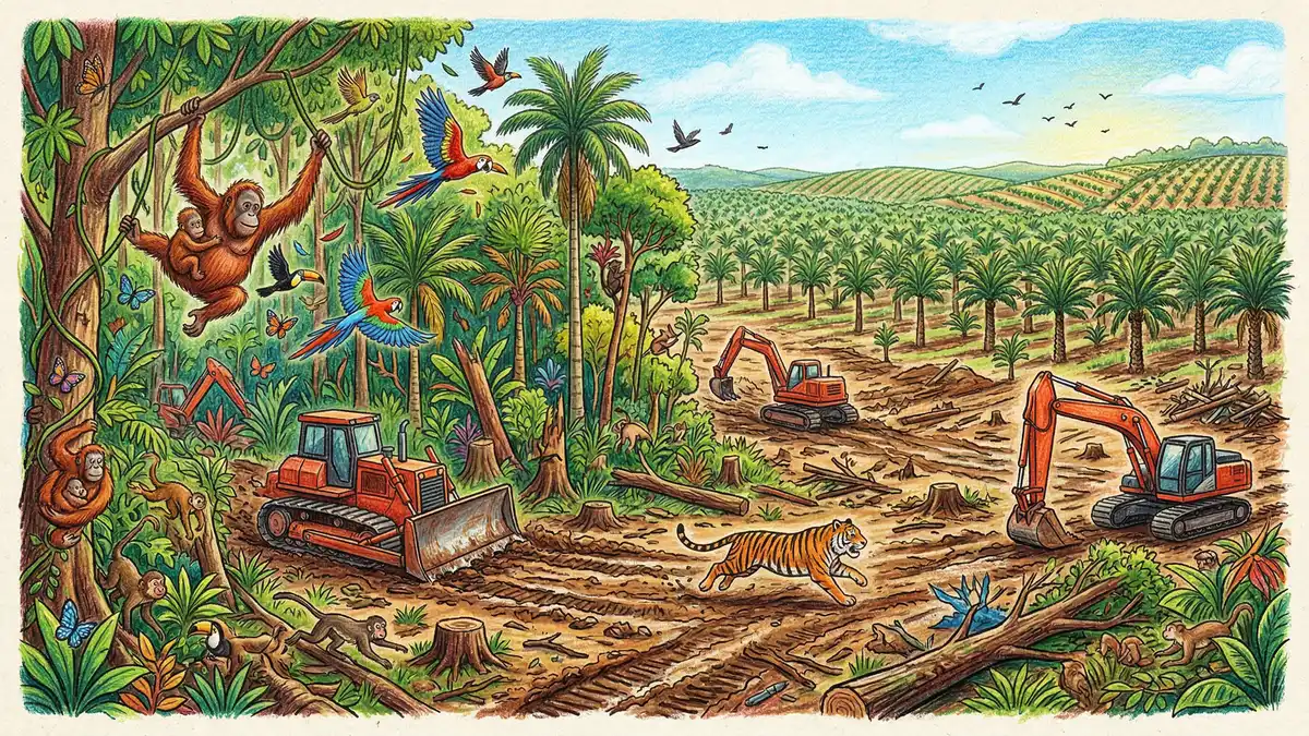 Tropical deforestation showing cleared rainforest land converted to agriculture alongside remaining primary forest habitat
