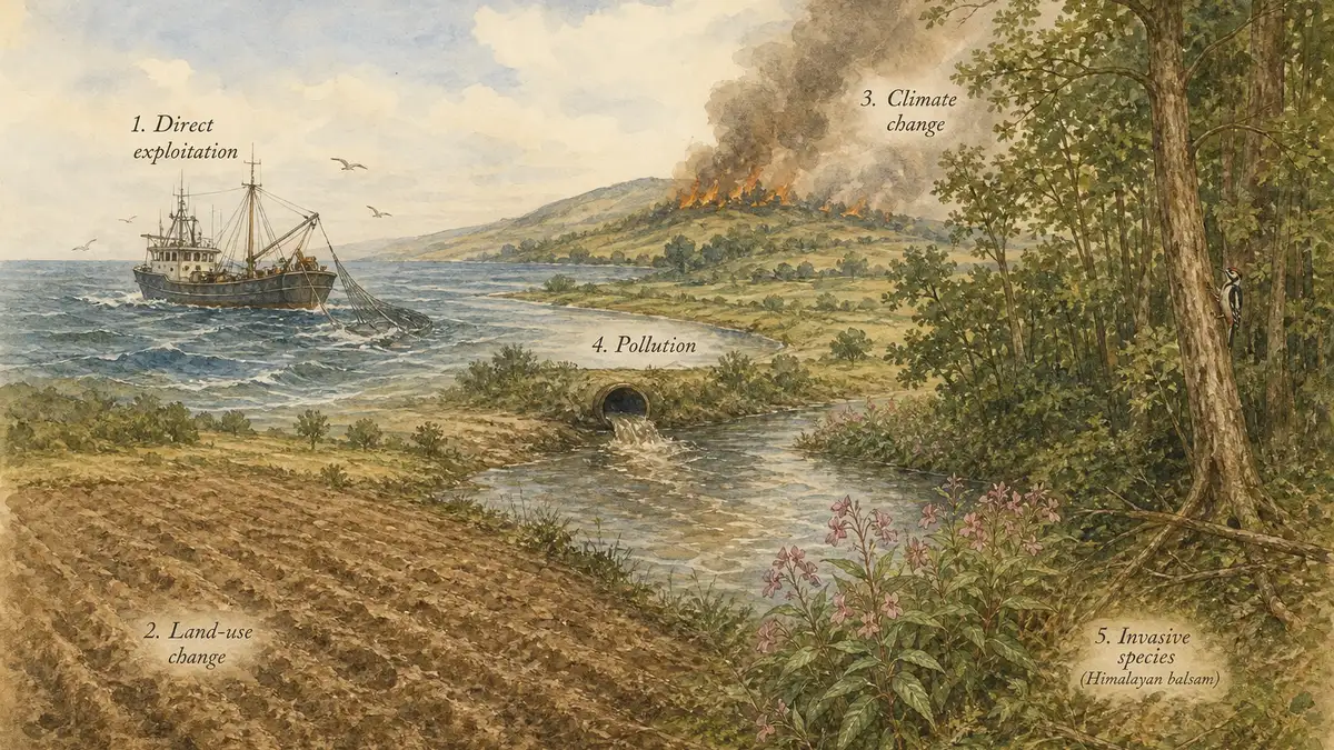 Watercolour composite illustration of the five drivers of biodiversity loss — ploughed field meeting woodland (land-use change), fishing trawler (exploitation), wildfire smoke (climate change), polluted river (pollution), and invasive Himalayan balsam.