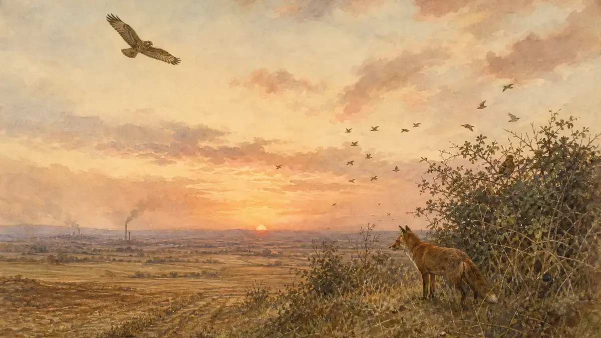 Watercolour view of a vast altered landscape at dusk, with a sparrow flock, a buzzard in flight, and a fox at the hedgerow — illustrating the global wildlife decline of 73% since 1970 (WWF Living Planet Index).