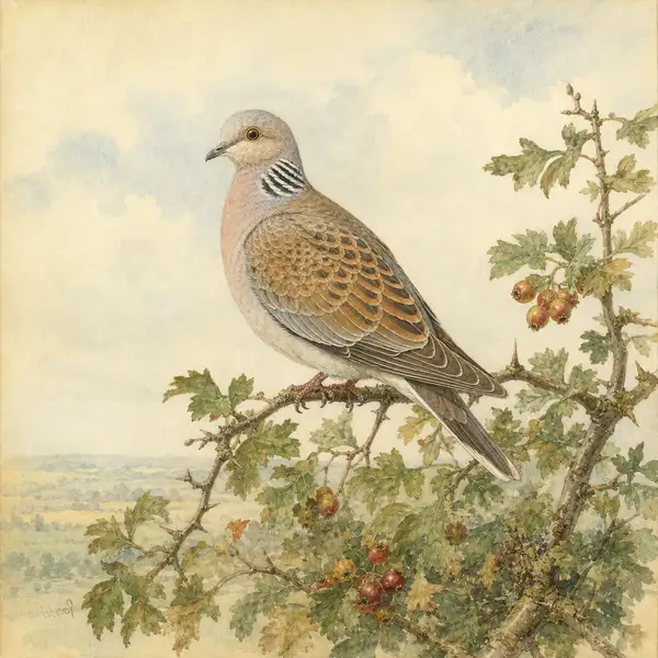 Watercolour study of a turtle dove on a hawthorn branch with ripening berries — one of Britain's most declined birds, with UK breeding population down more than 95% since the late 1960s.
