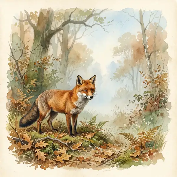 Victorian watercolour illustration of a red fox standing alert in morning mist at the edge of a British woodland clearing
