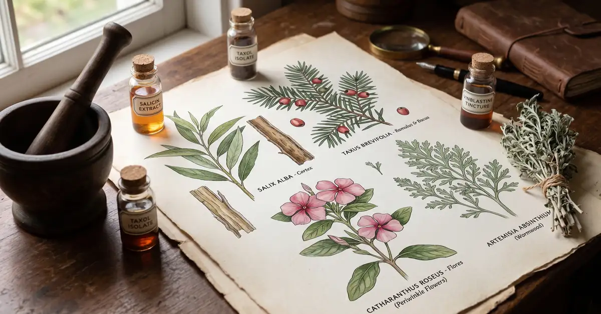 Victorian watercolour botanical illustration of medicinal plants including willow bark, Pacific yew, periwinkle flowers, and artemisia arranged with glass vials and a mortar and pestle