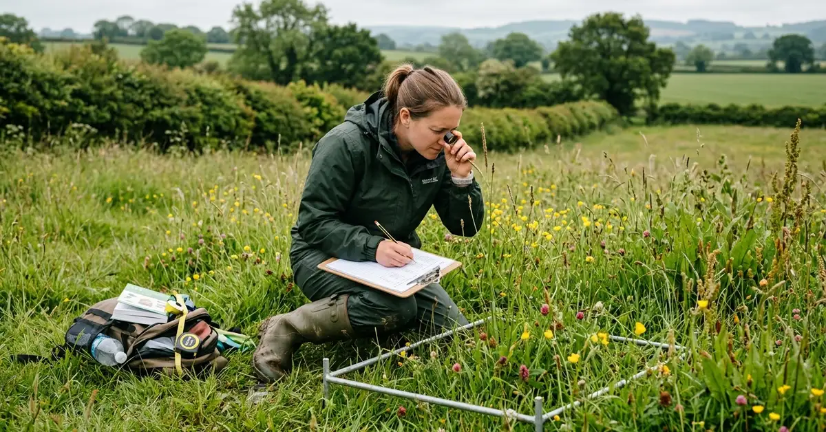 UK field ecologist conducting biodiversity survey with quadrat frame in grassland habitat