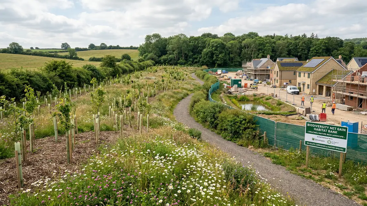 Biodiversity Net Gain process flow showing development impact assessment, habitat creation, and biodiversity unit calculation for mandatory 10% gain.