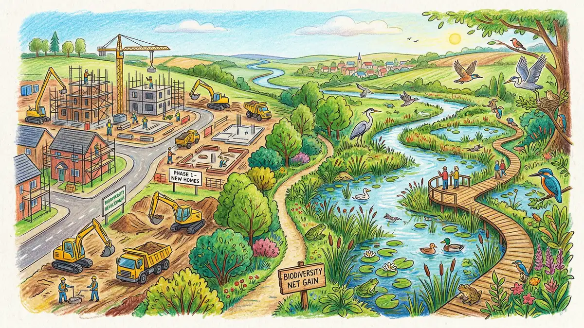 Wetland being restored alongside a housing development illustrating biodiversity net gain