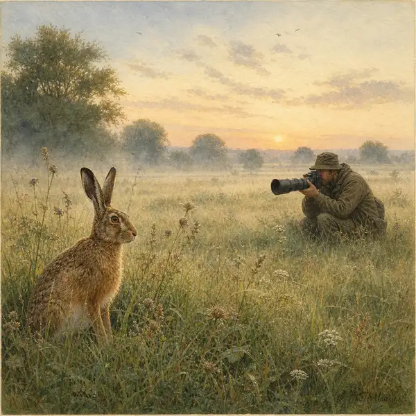 Watercolour scene of a wildlife photographer at respectful distance from an undisturbed brown hare in a misty UK meadow at dawn, illustrating ethical wildlife photography practice.