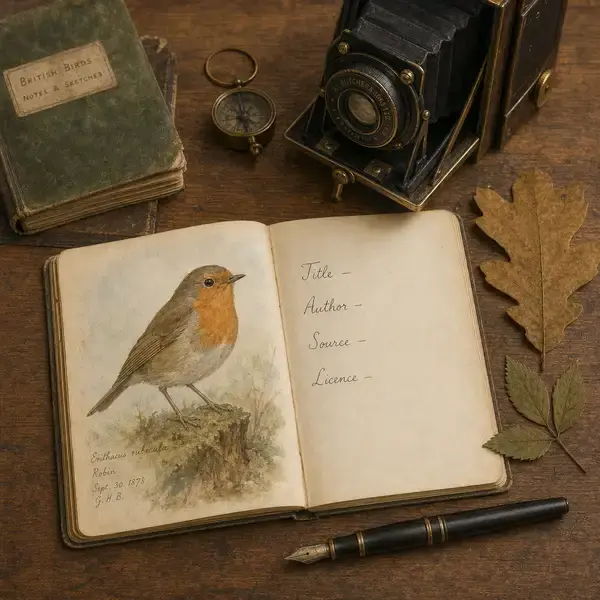 Naturalist's notebook with a watercolour robin sketch and handwritten Title-Author-Source-Licence attribution notes alongside a vintage field camera, illustrating the TASL template for crediting biodiversity pictures.