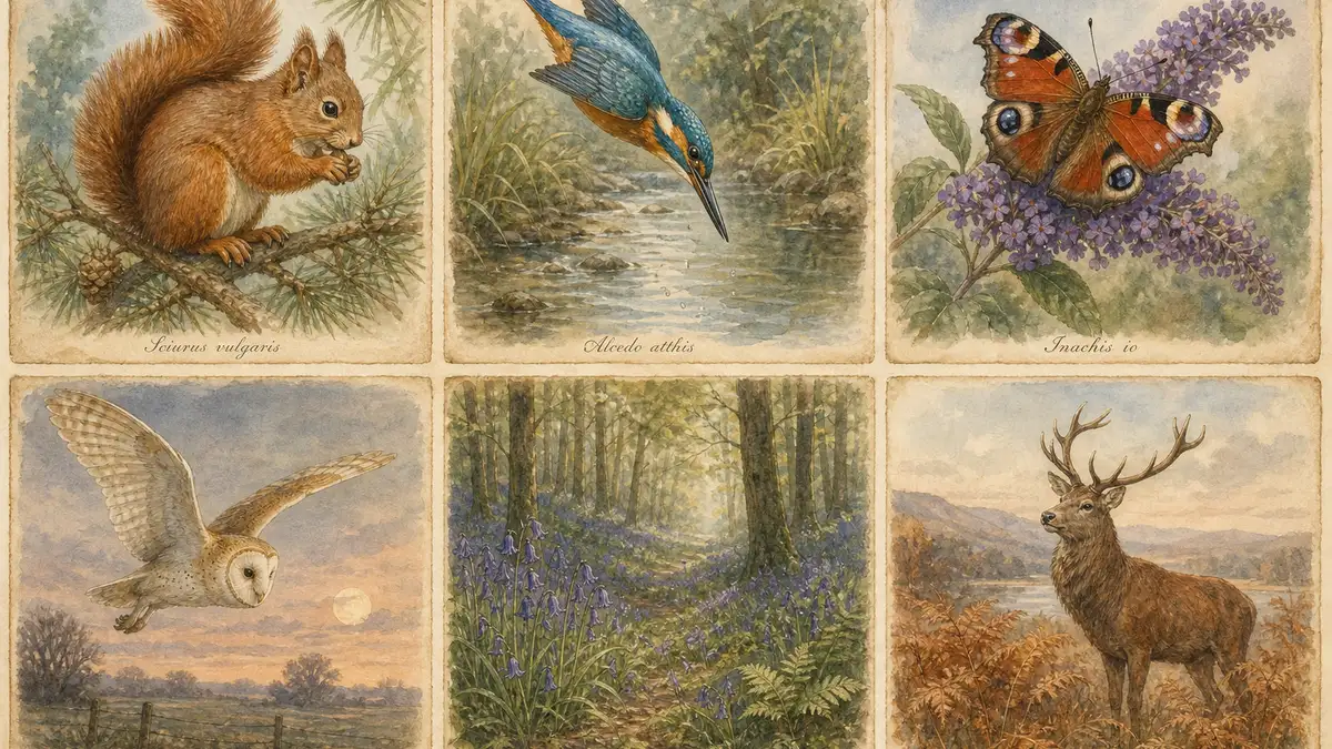 Watercolour gallery of iconic UK biodiversity painted in Archibald Thorburn style — red squirrel, kingfisher, peacock butterfly, barn owl, bluebell wood, and red deer stag in vignette panels.