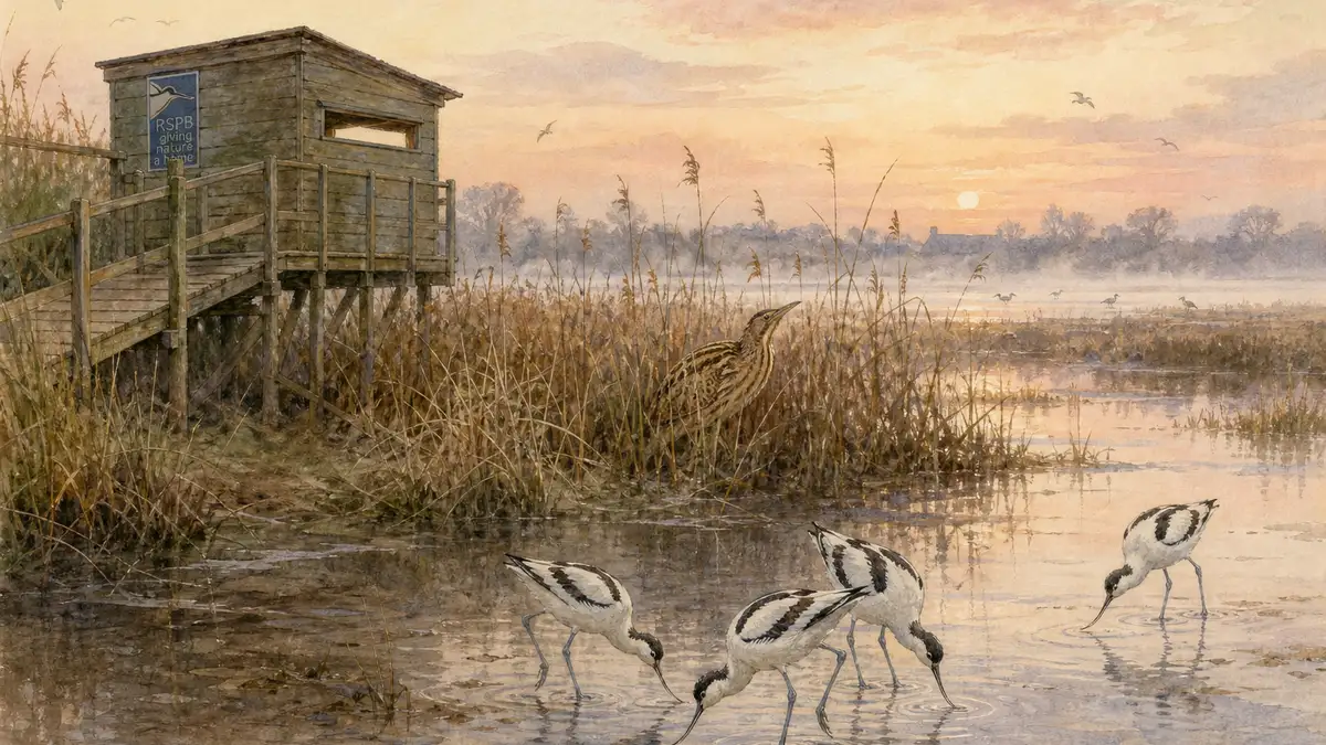 Watercolour view of a UK reserve at dawn — a wooden bird hide beside a reed-fringed wetland with a bittern and feeding avocets, illustrating the ethical infrastructure of British wildlife photography sites.