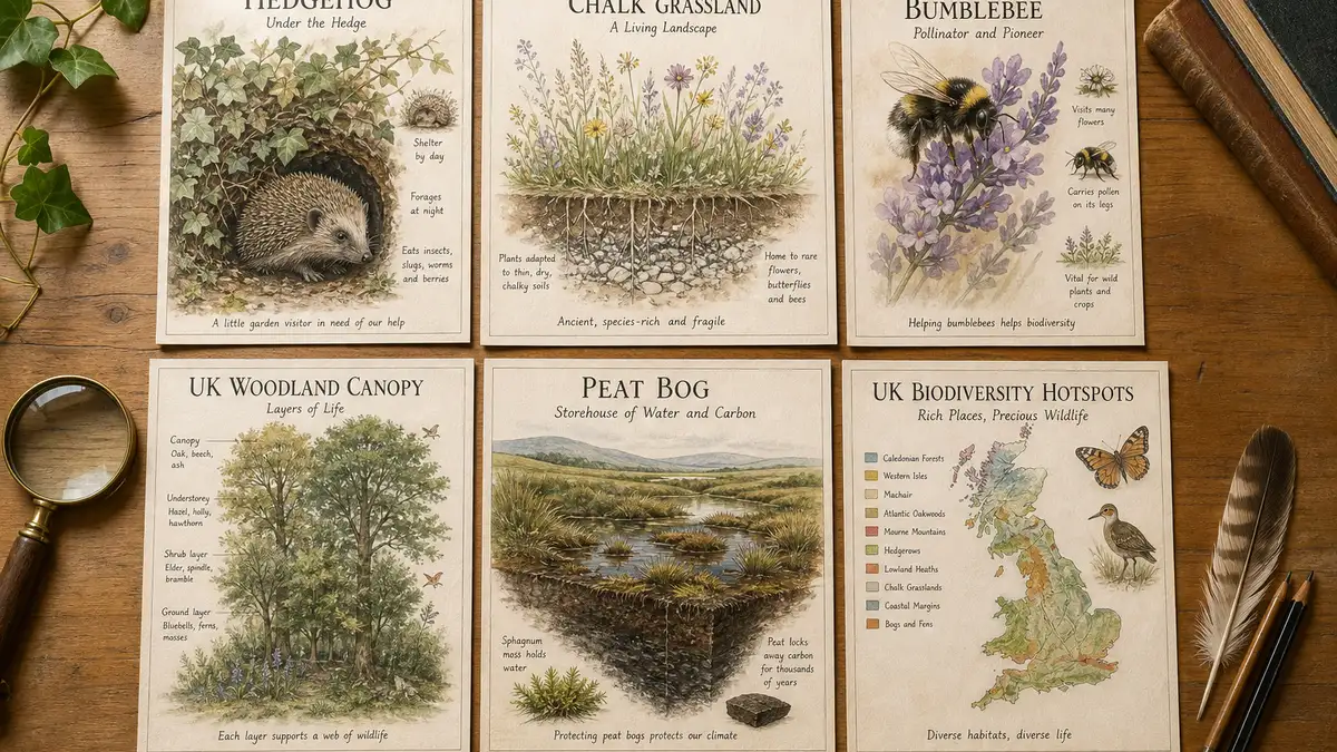 Watercolour gallery of six biodiversity poster examples laid out on a wooden desk — including a hedgehog, chalk grassland cross-section, bumblebee on lavender, woodland canopy diagram, peat bog landscape, and a map of biodiversity hotspots.