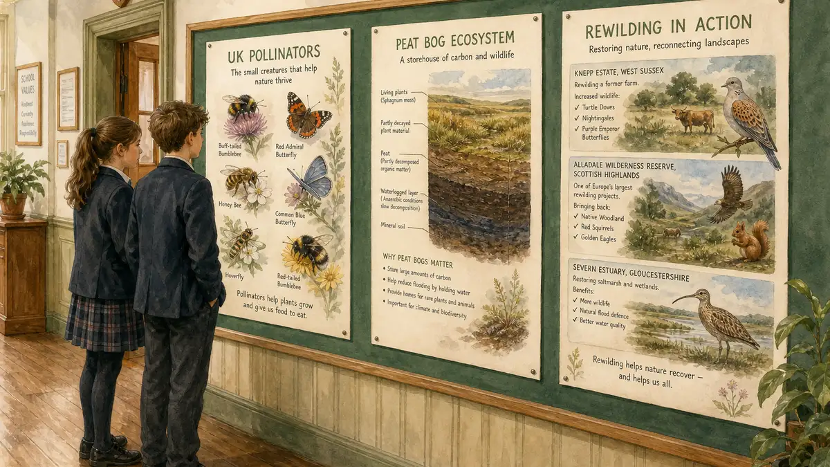 Watercolour view of a UK school corridor wall lined with three finished biodiversity posters — on UK pollinators, peat bog cross-section, and rewilding case studies — with students viewing them, illustrating completed biodiversity poster projects.