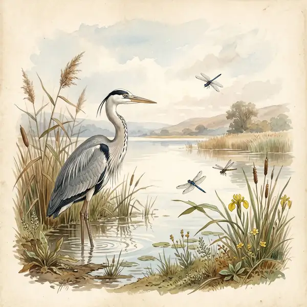 Victorian watercolour of a British wetland ecosystem with reed beds open water a grey heron at the edge and dragonflies hovering representing UK ecosystem diversity