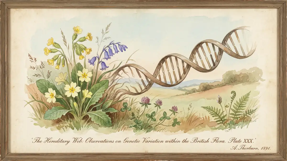 Victorian watercolour illustration of a DNA double helix dissolving into British wildflowers including cowslips primroses and bluebells symbolising genetic diversity within plant species