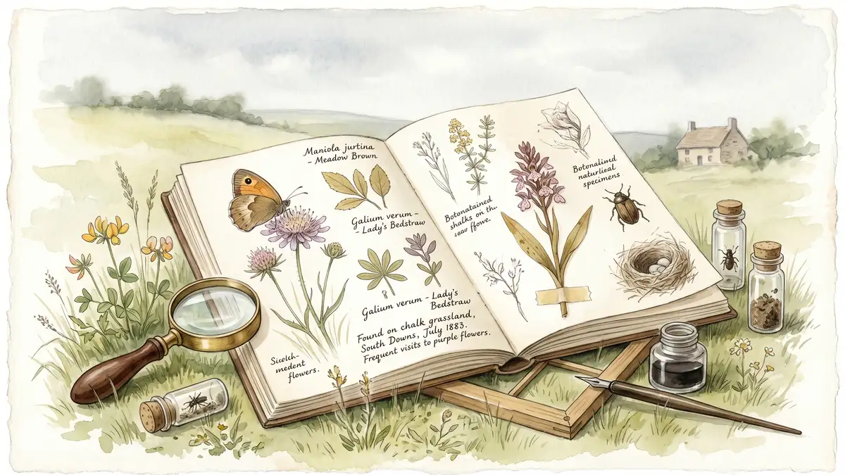 Victorian watercolour of a naturalists field study scene with an open notebook pressed leaves botanical sketches hand lens and quadrat frame on British chalk grassland