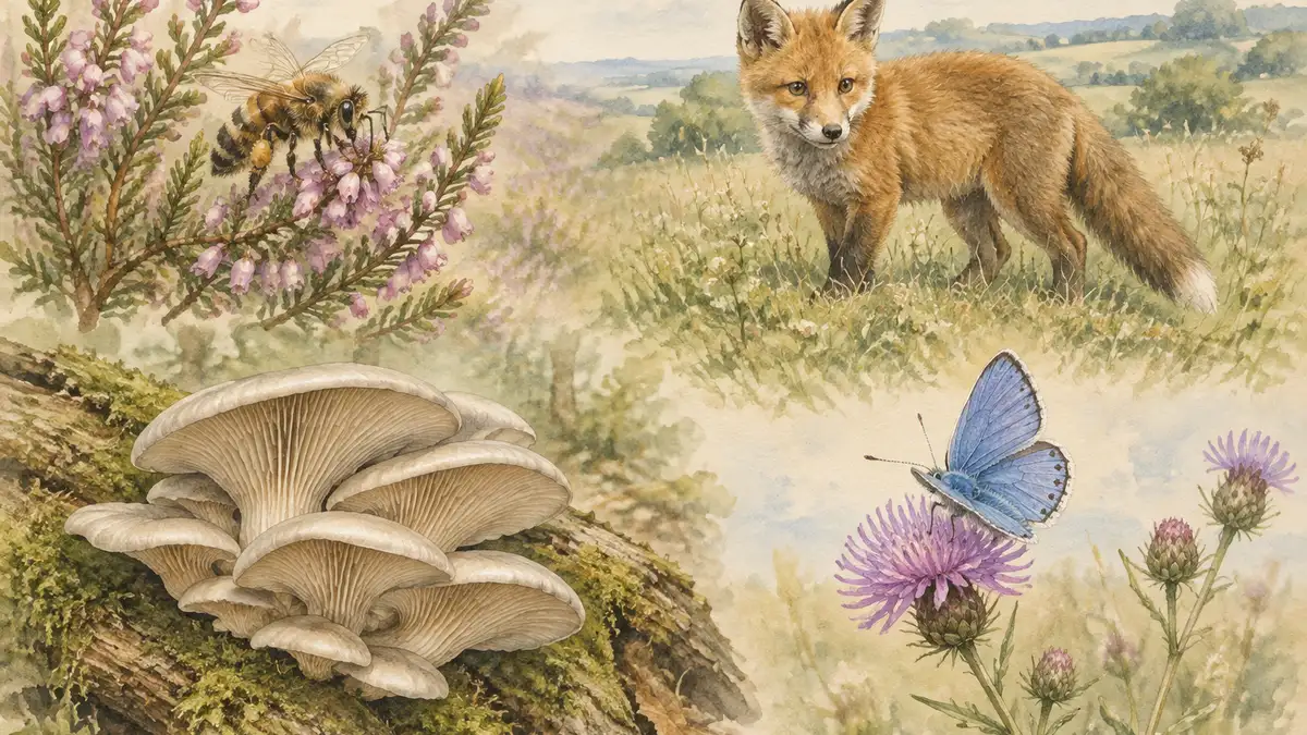 Watercolour study of four British species: a honeybee on heather, a young red fox, oyster mushrooms on a mossy log and a common blue butterfly on knapweed