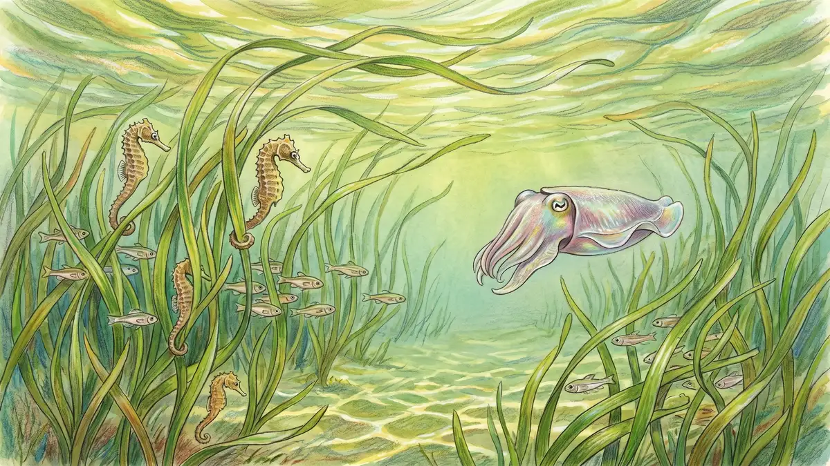 Victorian watercolour illustration of an underwater seagrass meadow with long-snouted seahorses, juvenile fish sheltering among the blades, a cuttlefish hovering above, and dappled sunlight filtering through the surface