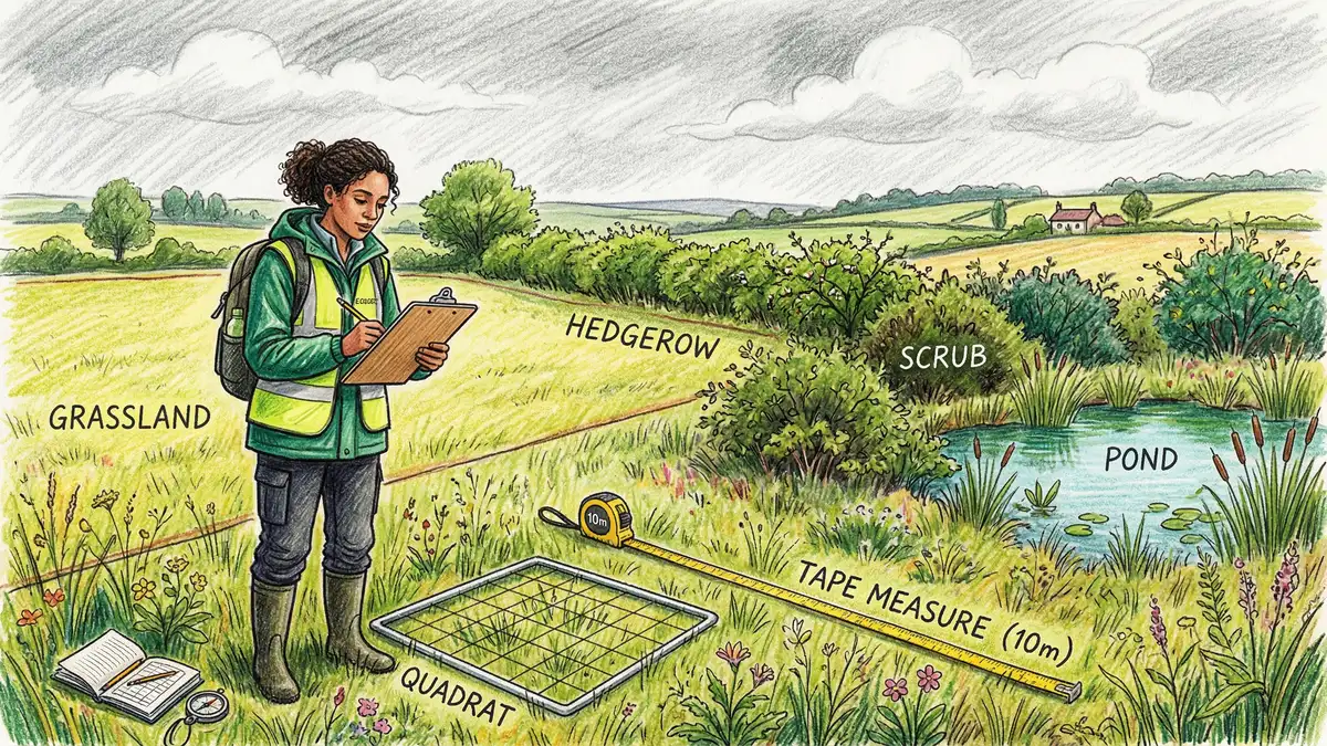 Ecologist conducting a habitat condition assessment survey in a meadow, using Defra Biodiversity Metric methodology