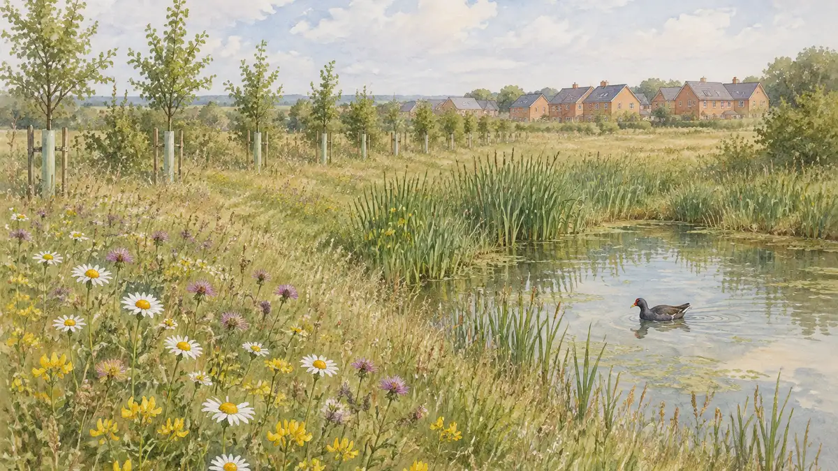 Watercolour of new wildlife habitat on the edge of a modern housing development: a young wildflower meadow, a reed-fringed pond with a moorhen and a line of hedgerow saplings in tree guards, with new brick houses beyond.