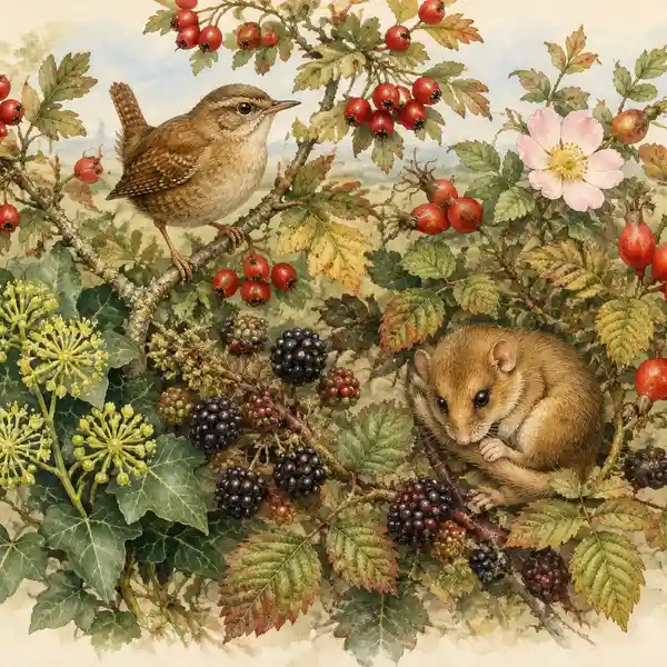 Watercolour study of a species-rich English hedgerow in autumn, with hawthorn haws, rose hips, blackberries and ivy, a wren on a twig and a hazel dormouse curled in the brambles.