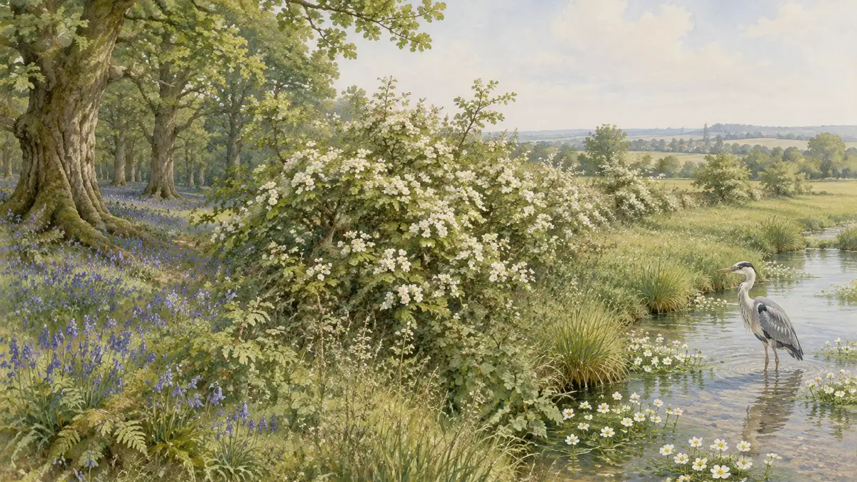 Watercolour of an English lowland landscape showing three habitats side by side: an ancient oak wood edge with bluebells, a flowering hawthorn hedgerow across a meadow, and a chalk stream with water-crowfoot and a grey heron.