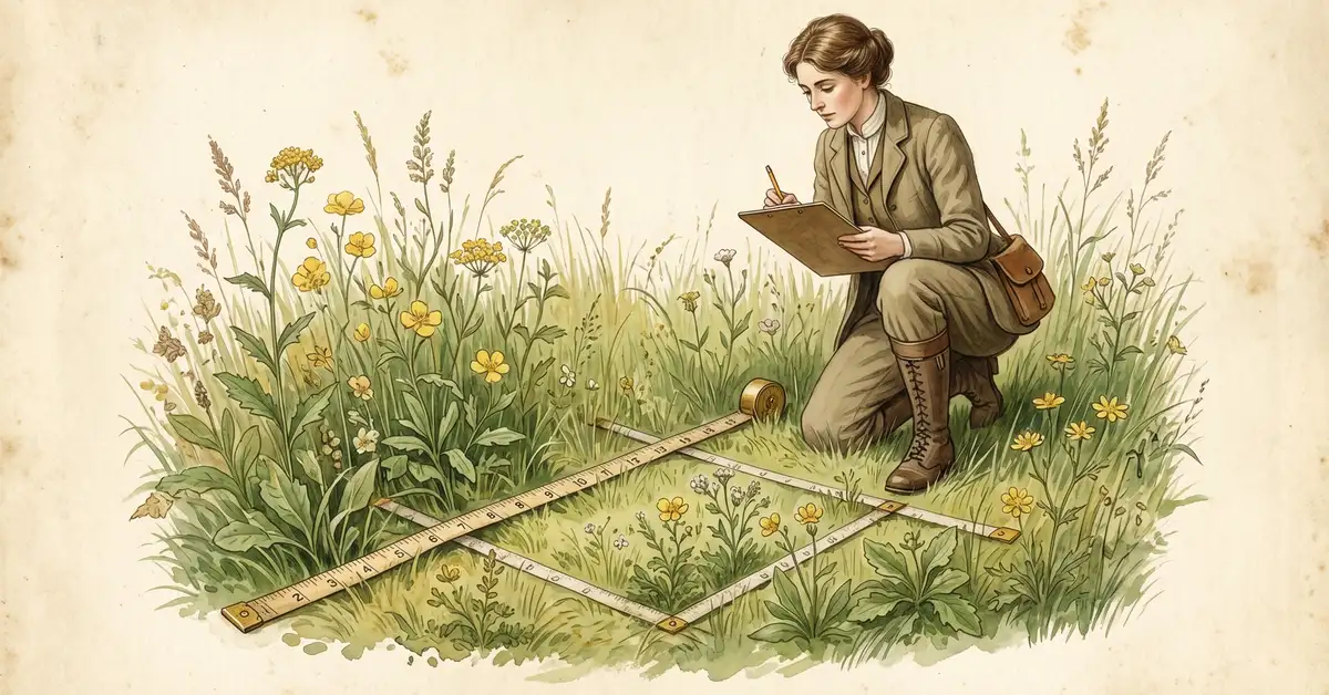 Victorian watercolour illustration of an ecologist conducting a habitat survey in an English meadow with clipboard and survey quadrats