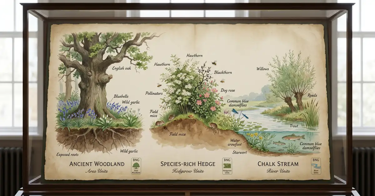 Victorian watercolour illustration showing three contrasting habitat types — ancient oak woodland, species-rich hedgerow and chalk stream — in an English landscape