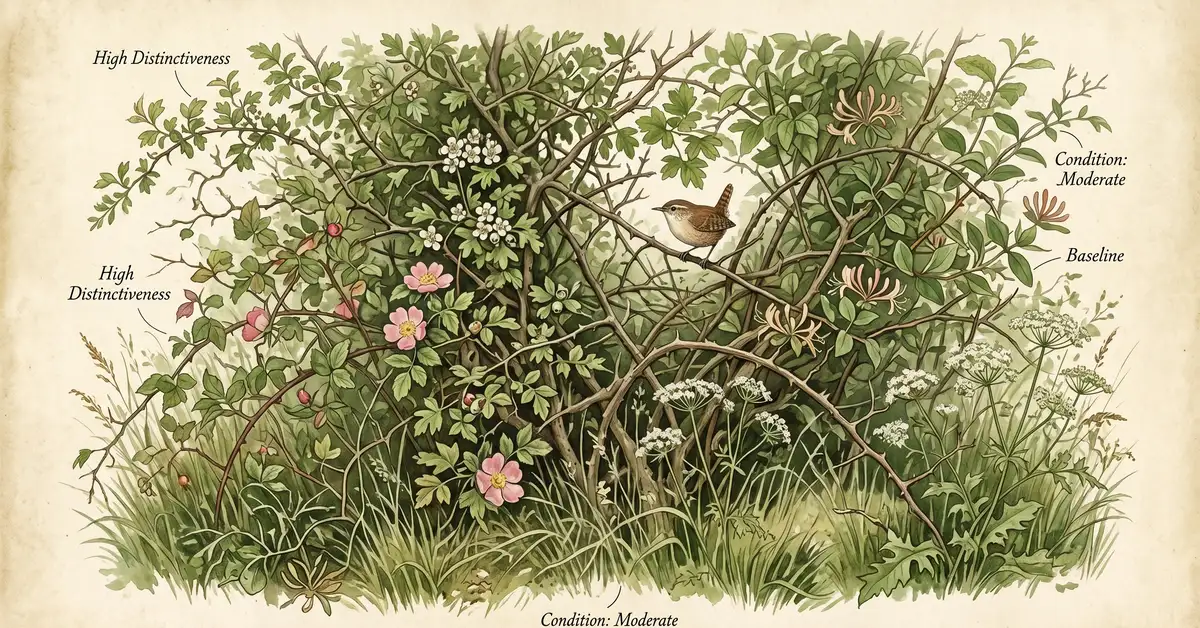 Victorian watercolour illustration of a species-rich English hedgerow with a wren perched among hawthorn berries and ivy