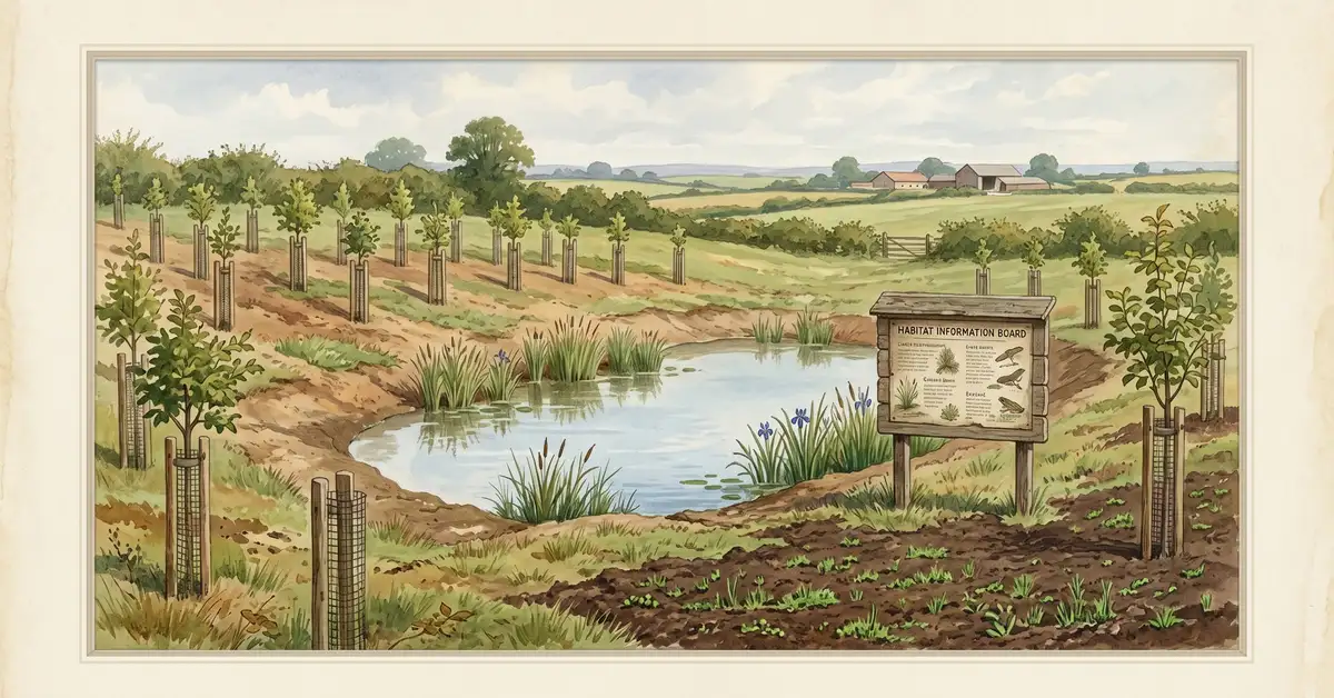 Victorian watercolour illustration of a newly created wildlife habitat on a housing development site with wildflower meadow and pond