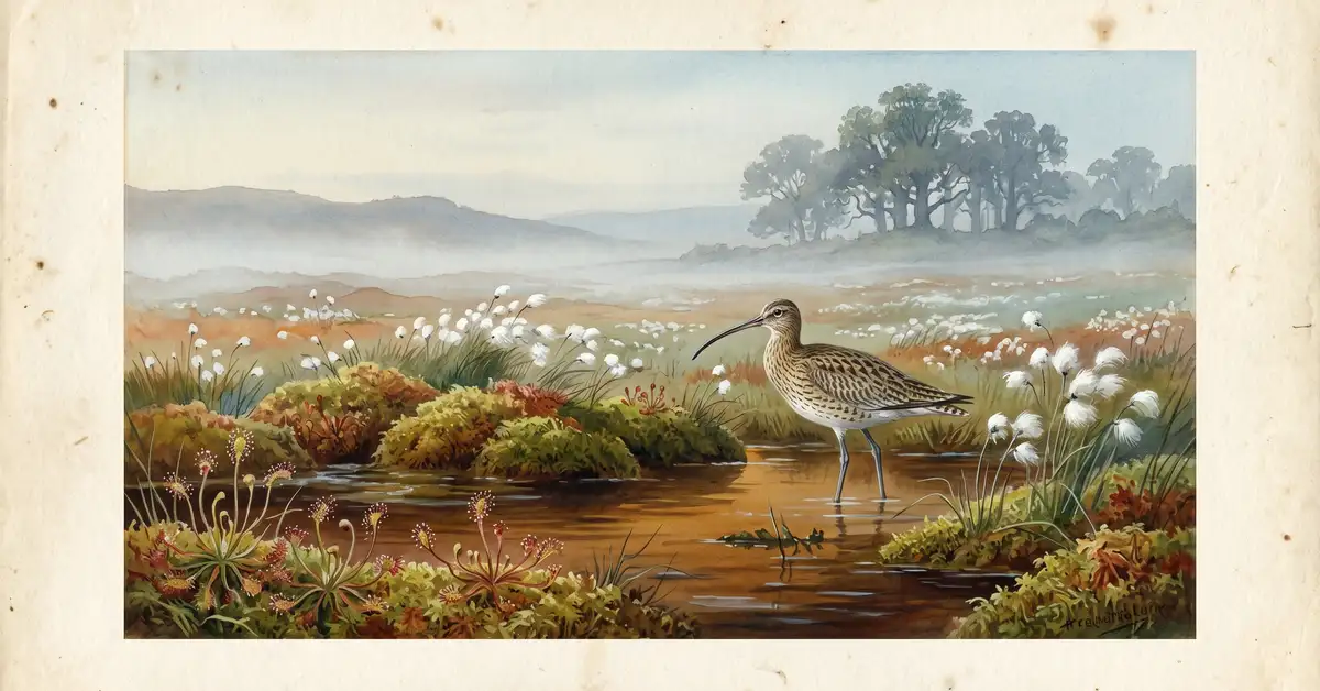 Victorian watercolour illustration of an English lowland peat bog with cotton grass, sphagnum moss and curlew — an irreplaceable habitat