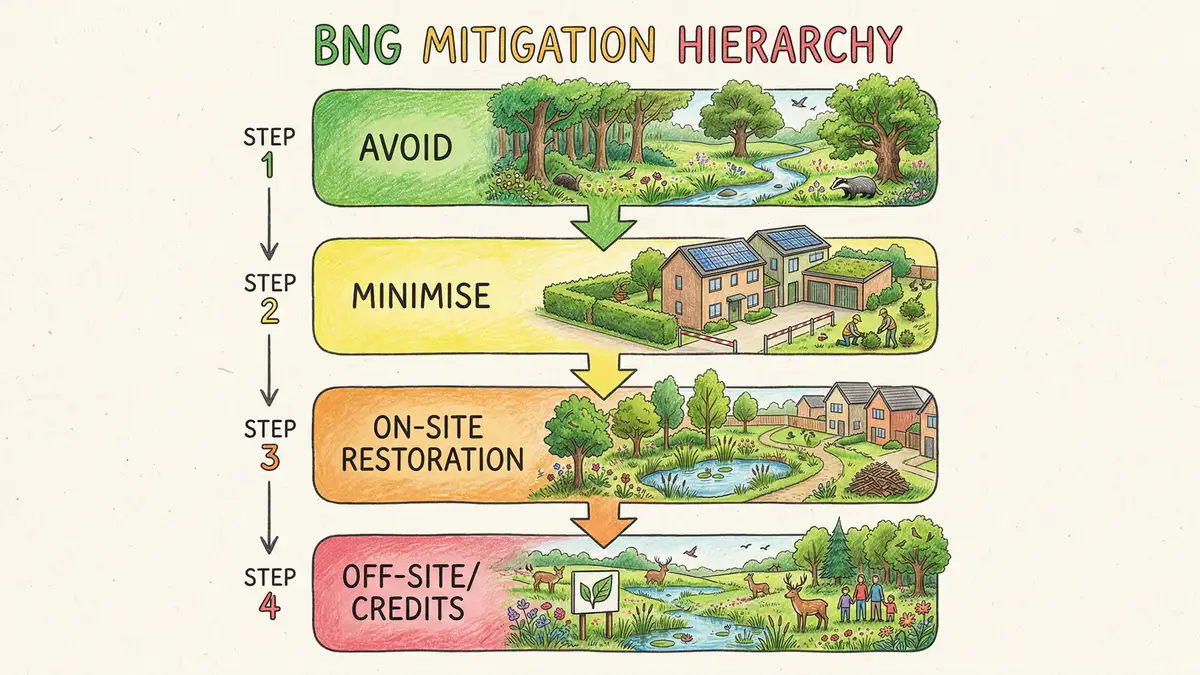 Diagram showing the five-step BNG mitigation hierarchy from avoidance through to statutory biodiversity credits