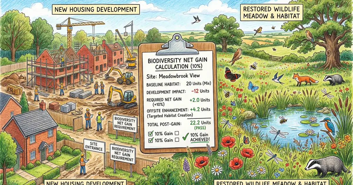 Illustration of a construction site alongside restored wildlife habitat, representing biodiversity net gain regulations in the UK