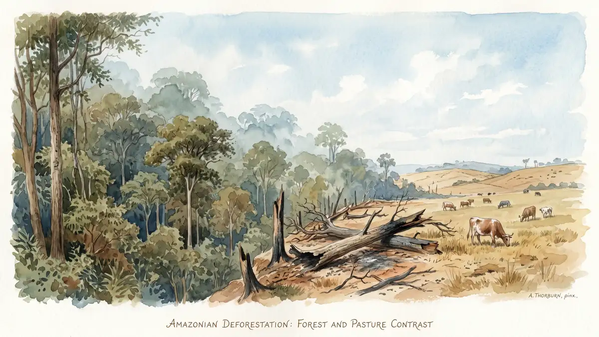 Watercolour illustration showing the contrast between intact Amazon rainforest and cleared cattle pasture with burned trees at the boundary