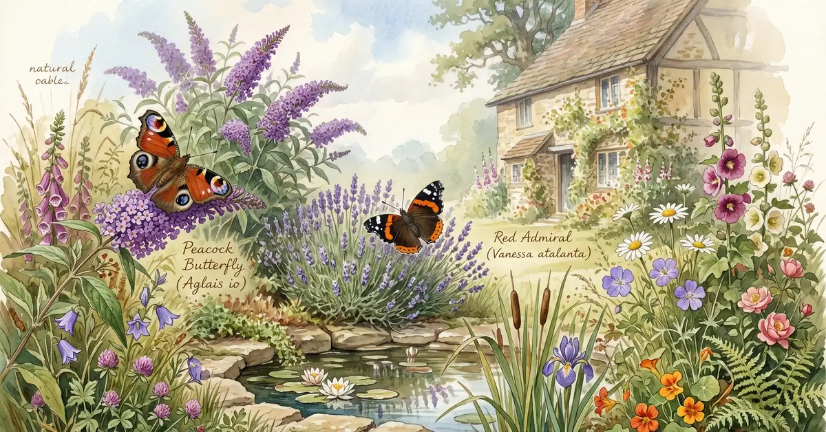 Victorian watercolour of an English cottage garden with lavender buddleia and native wildflowers attracting Peacock and Red Admiral butterflies