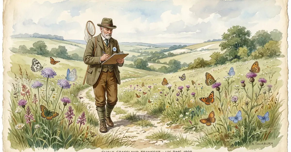 Victorian watercolour illustration of a volunteer walking a butterfly monitoring transect through chalk grassland with wildflowers and butterflies