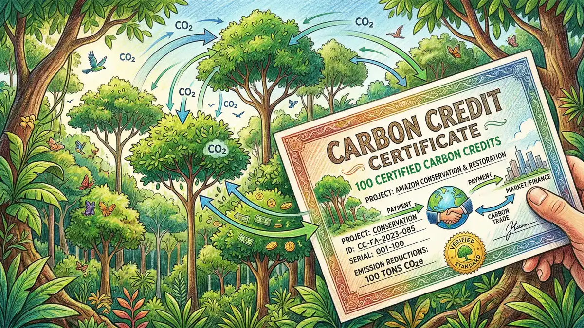 Forest canopy with visual representation of carbon credits and carbon sequestration