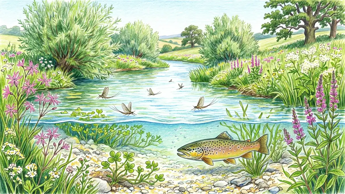 Pencil crayon illustration of a crystal-clear chalk stream with water crowfoot plants, brown trout and gravel bed visible through the transparent water