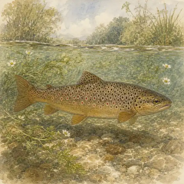 Watercolour of a wild brown trout in a clear chalk stream — a flagship species that depends on cool, stable, well-oxygenated chalk-stream water
