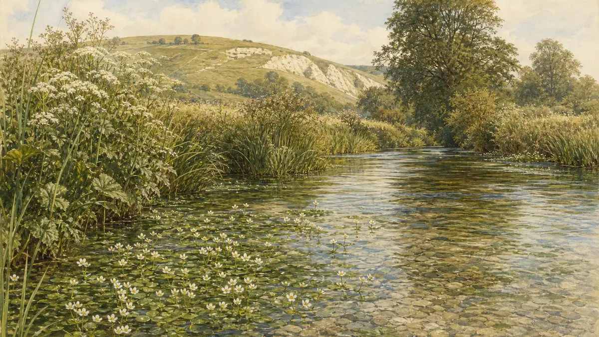 Watercolour of a clear English chalk stream over pale gravel with flowering water crowfoot and chalk hills behind — illustrating the habitat's clarity and global rarity