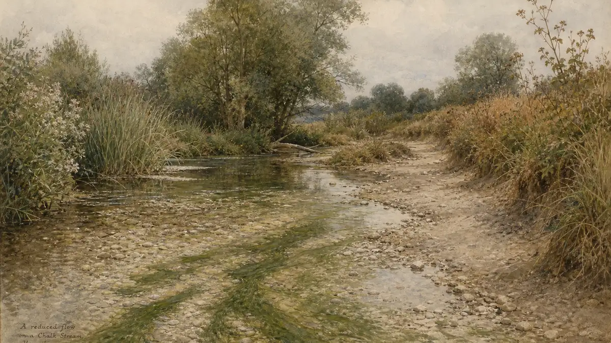 Watercolour of a chalk stream in drought with exposed gravel and green algae — illustrating how over-abstraction and low flows degrade the habitat