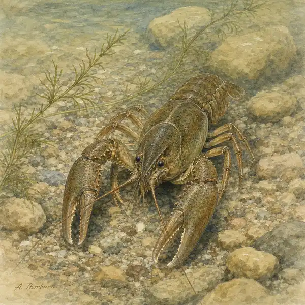Watercolour of a native white-clawed crayfish on chalk-stream gravel — a keystone species in steep decline from invasive signal crayfish and crayfish plague