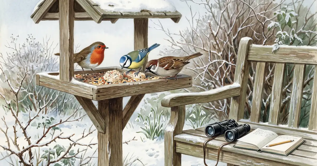 Victorian watercolour illustration of garden birds feeding at a bird table with binoculars and notebook on a bench representing citizen science