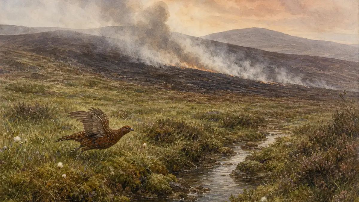 Watercolour landscape in Archibald Thorburn style of a UK upland peat bog during a summer wildfire event — green sphagnum-rich bog in the foreground, smoke from drying peat in the middle distance, burnt heather slopes beyond, and a red grouse breaking from cover — illustrating the climate-driven peatland fires now releasing UK-stored carbon.